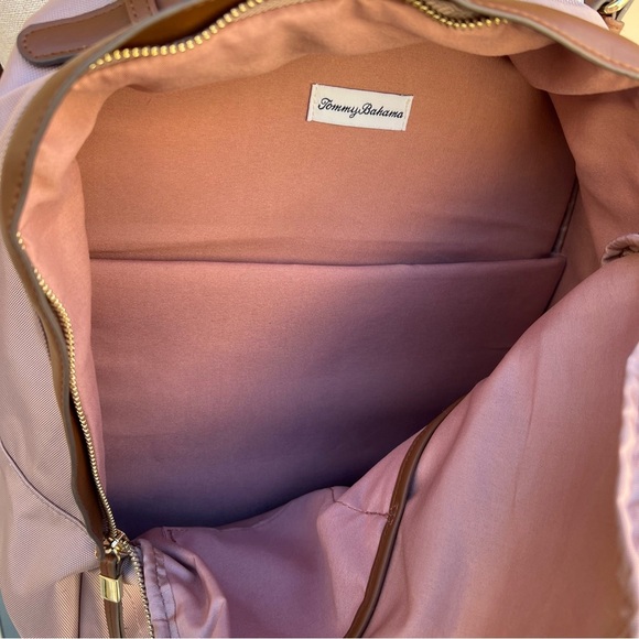 Tommy Bahama Pink Nylon Campus Travel Backpack Tan Faux Leather Trim - Picture 3 of 7